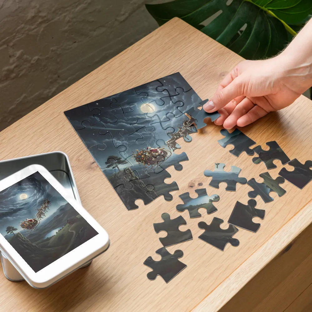 Santa's Moonlit Flight 
 Jigsaw Puzzle in Tin Box