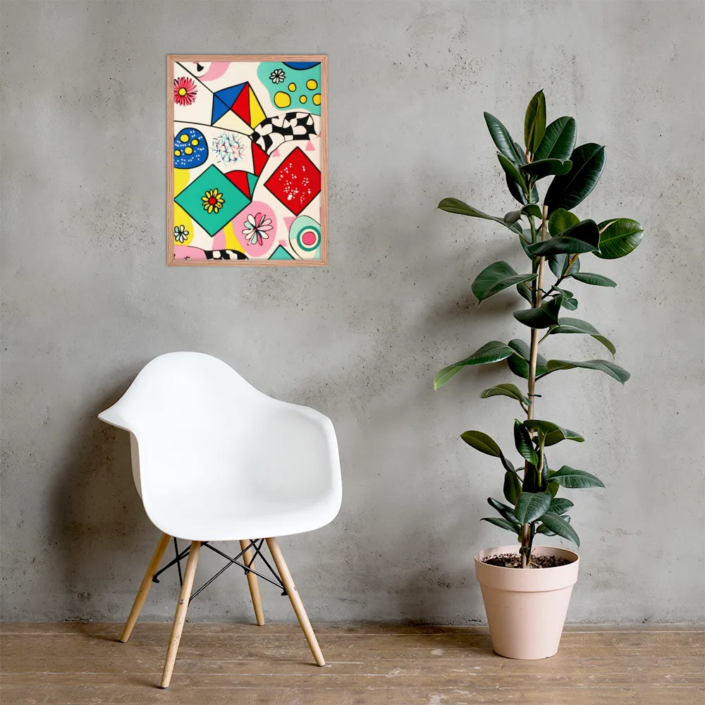 Joyful Geometry: A Playful Dance of Shapes and Colors | Poster with Red oak Frame | 18″×24″
