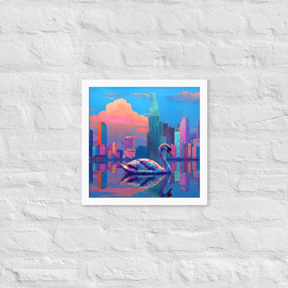 Neon Swan Skyline 
 Poster with White Frame | 14″x 14″