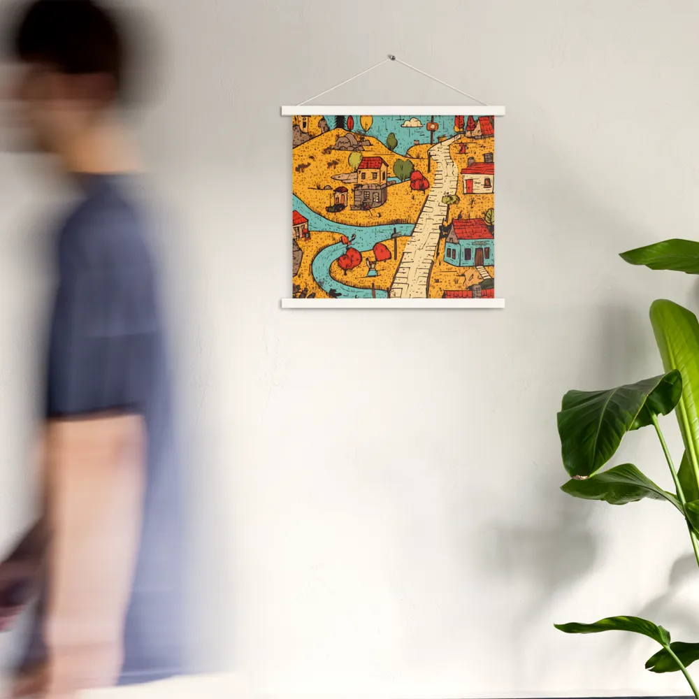 Whimsical Village Landscape | Poster With White Wood Hanger | 18″×18″