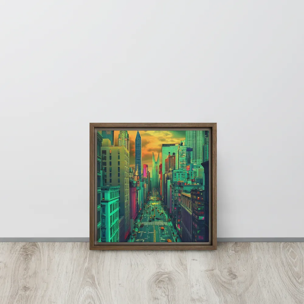 Urban Surrealism: Neon Dreams | Canvas with Brown Frame | 12″×12″