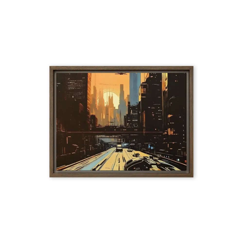 Metro Nexus: A Futuristic Cityscape | Canvas with Brown Frame | 12″×16″