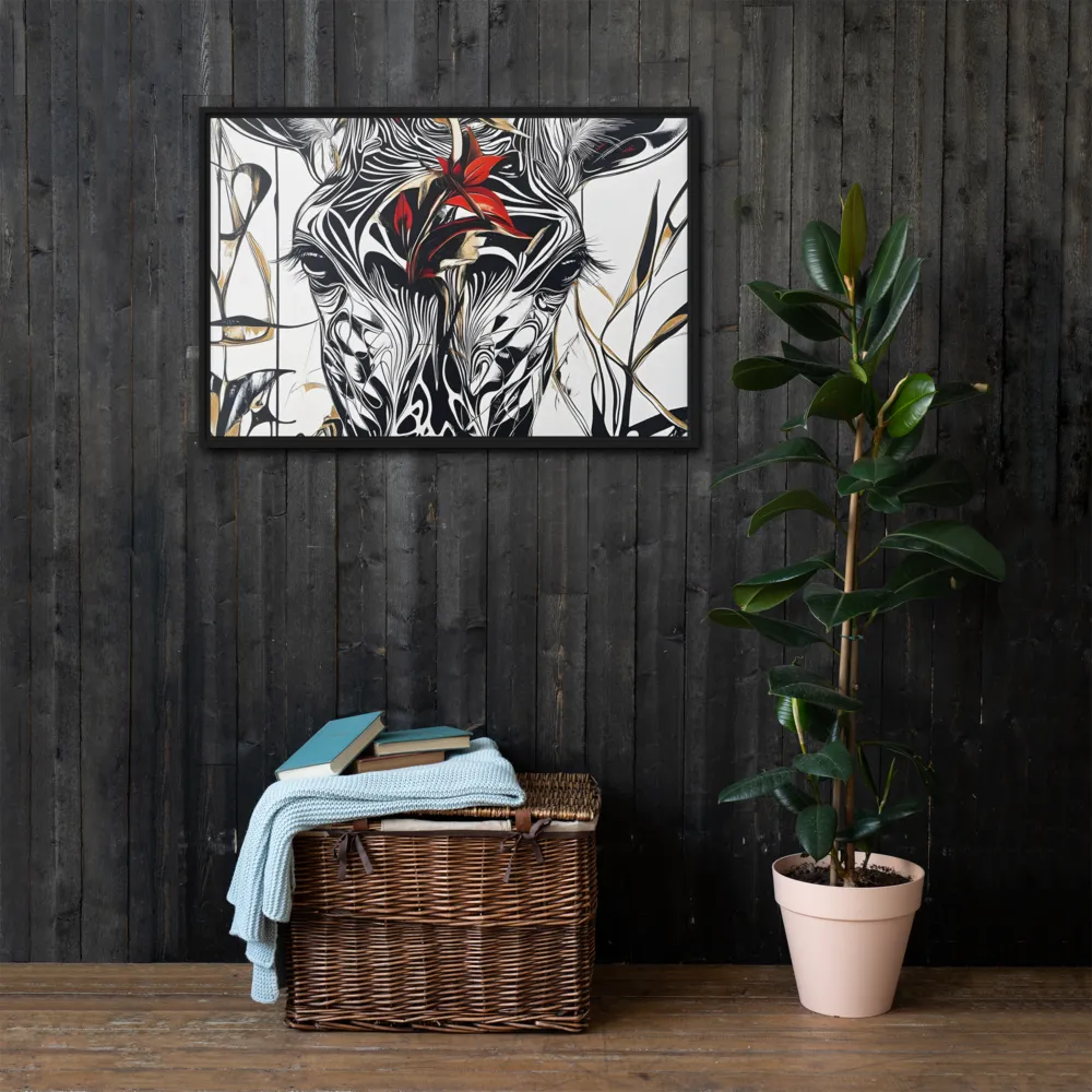 Floral Elegance: The Giraffe's Portrait | Canvas with Black Frame | 24″×36″