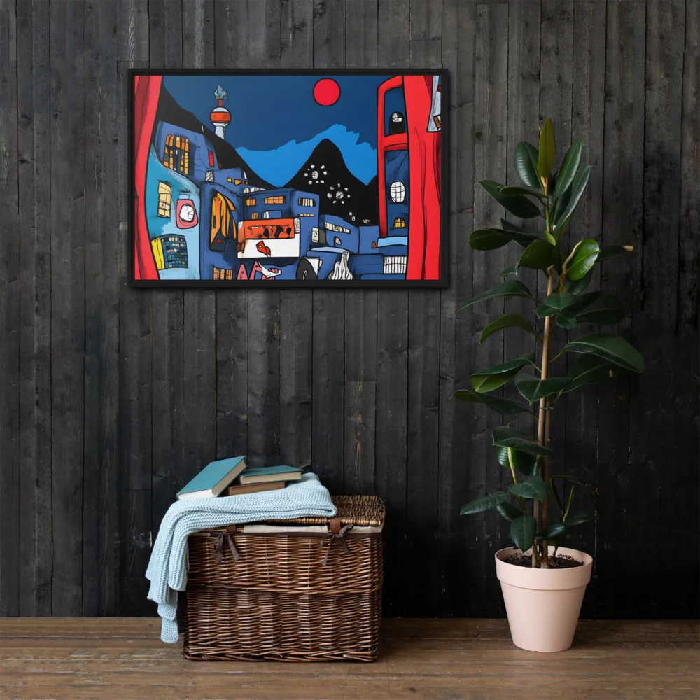 Whimsical Cityscape at Night | Canvas with Black Frame | 24″×36″