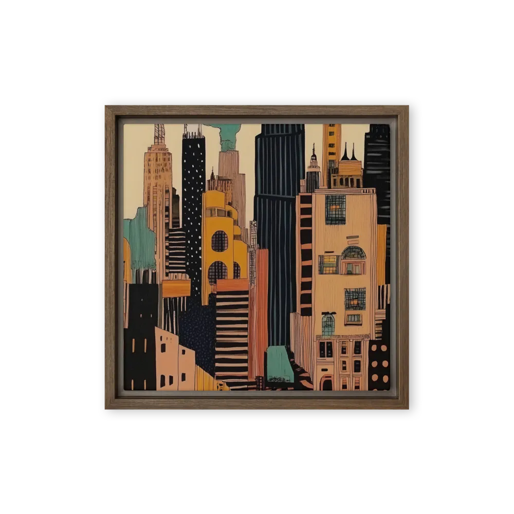 Urban Symphony in Ink | Canvas with Brown Frame | 12″×12″