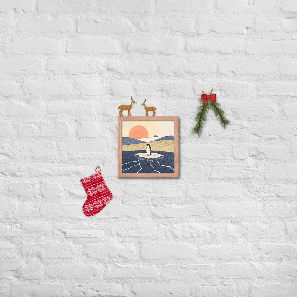 Solitary Penguin 
 Poster with Red oak Frame | 10″x 10″