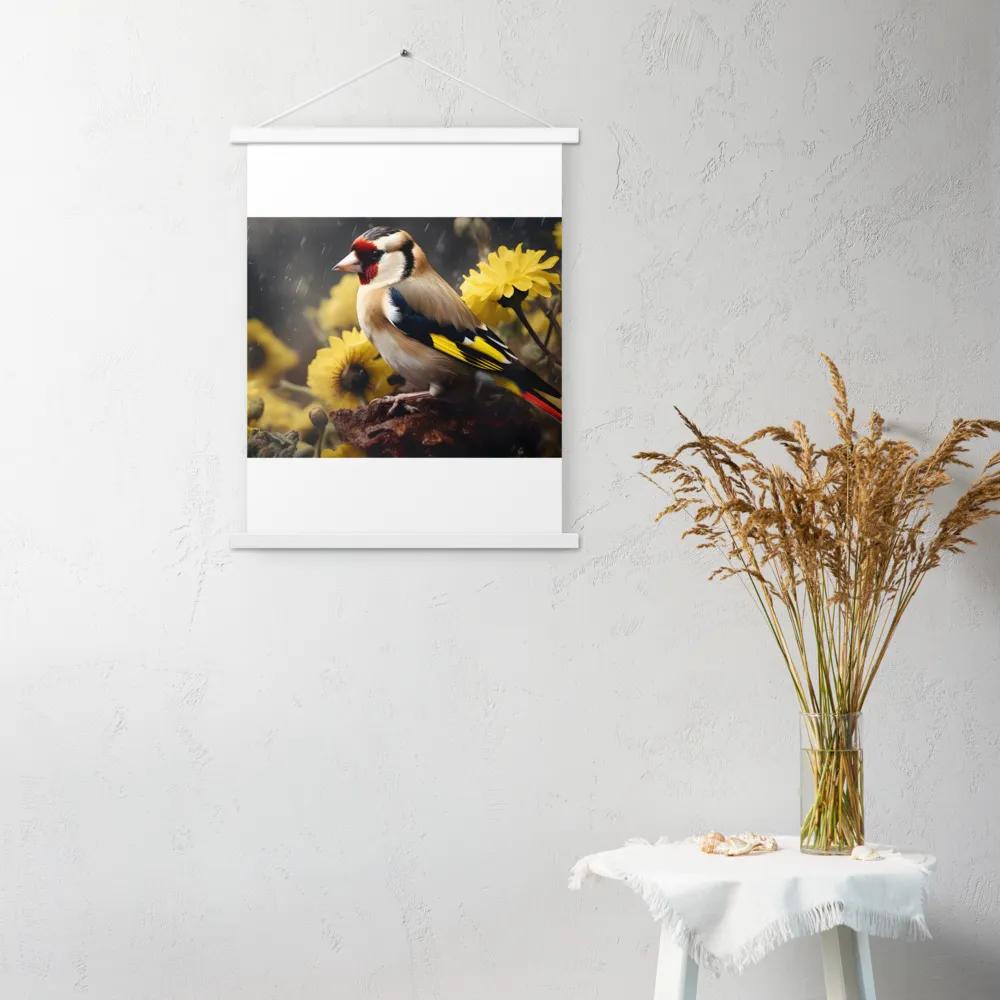 Harmony in Nature: A Goldfinch Amidst Blooms | Poster With White Wood Hanger | 18″×24″