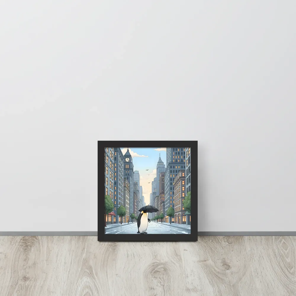 Penguin in the City 
 Poster with Black Frame | 10″x 10″