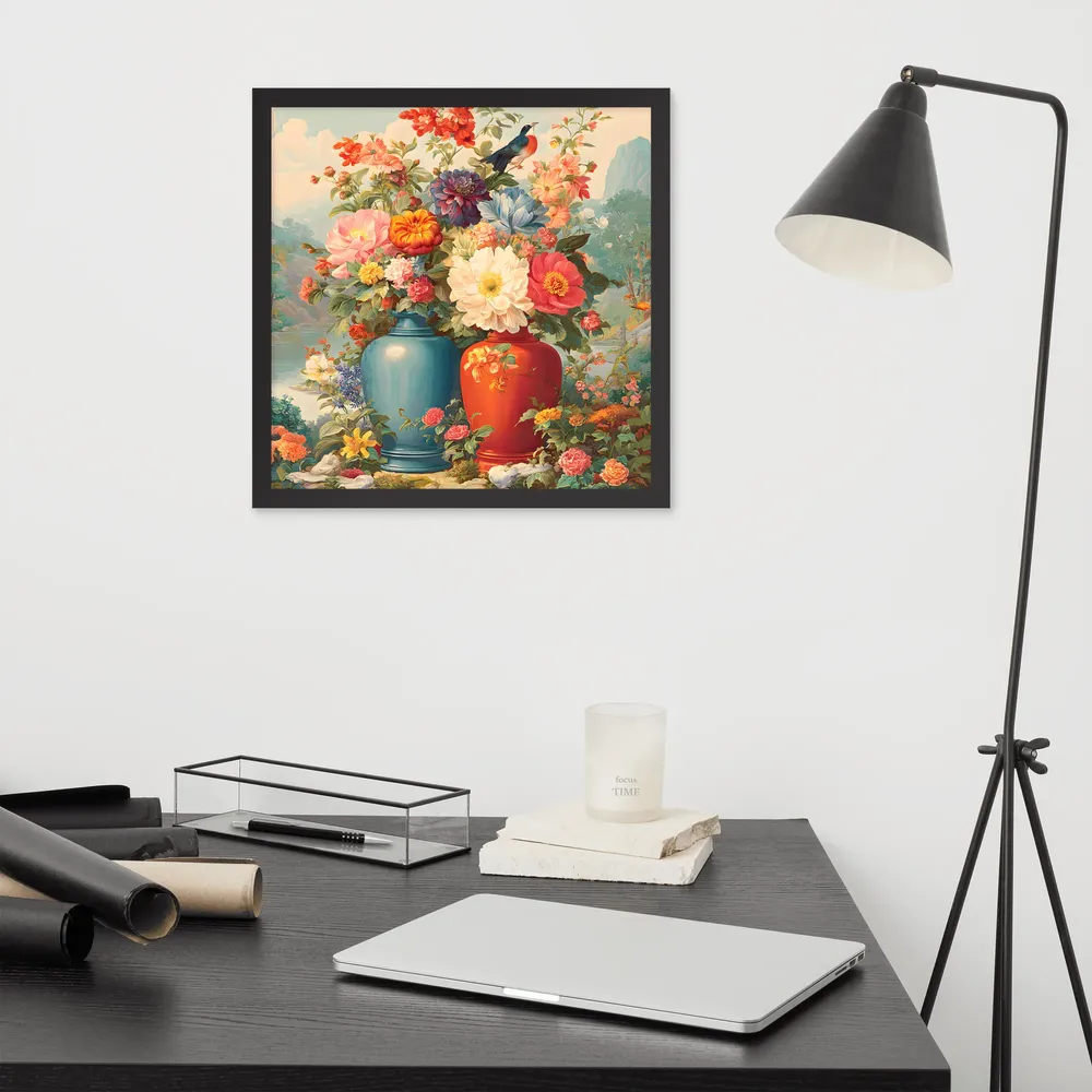 Twin Vases in Bloom 
 Poster with Black Frame | 16″x 16″