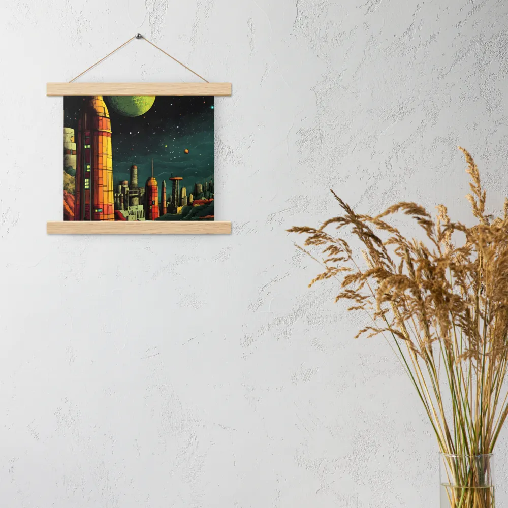 Cosmic Cityscape | Poster With Oak Wood Hanger | 10″×10″