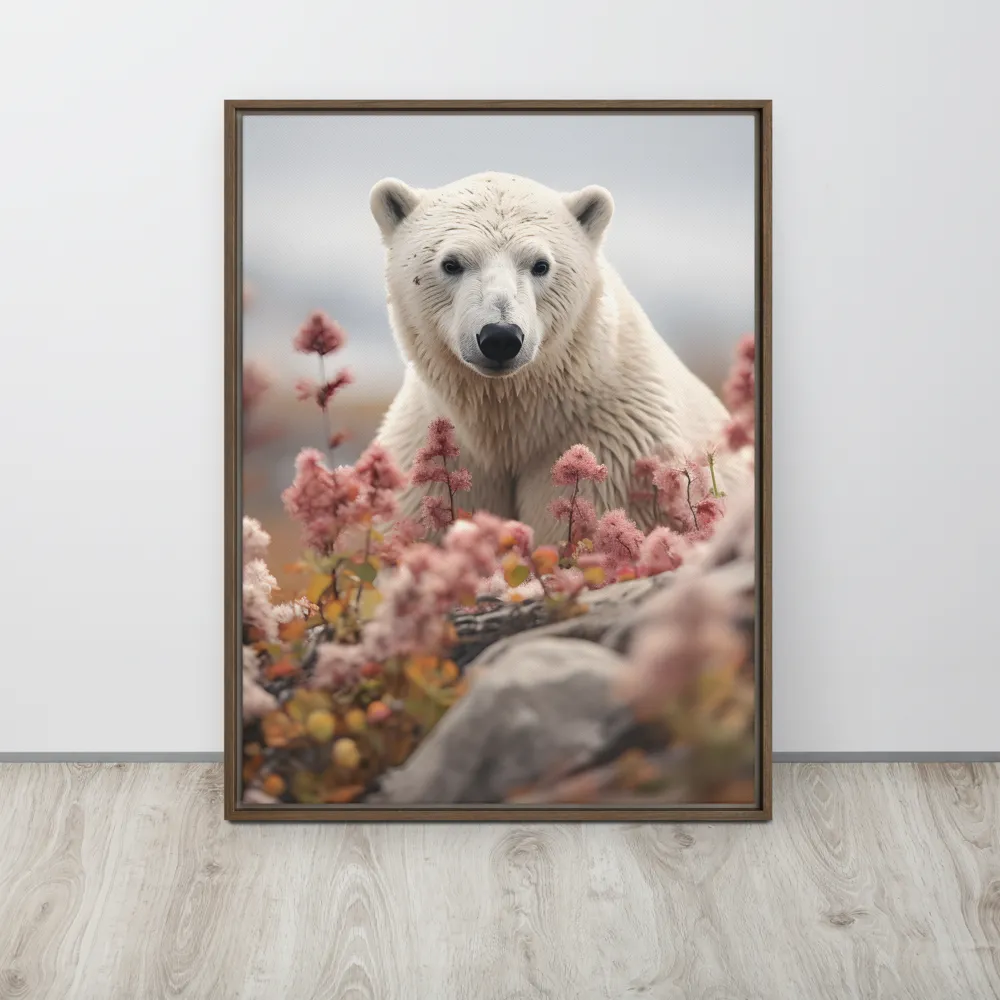 Curiosity Among Blooms: The Polar Bear | Canvas with Brown Frame | 24″×32″