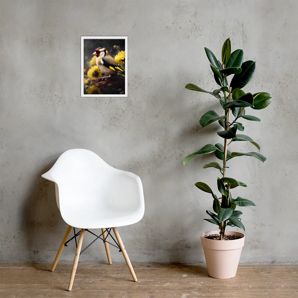 Harmony in Nature: A Goldfinch Amidst Blooms | Poster with White Frame | 12″×16″