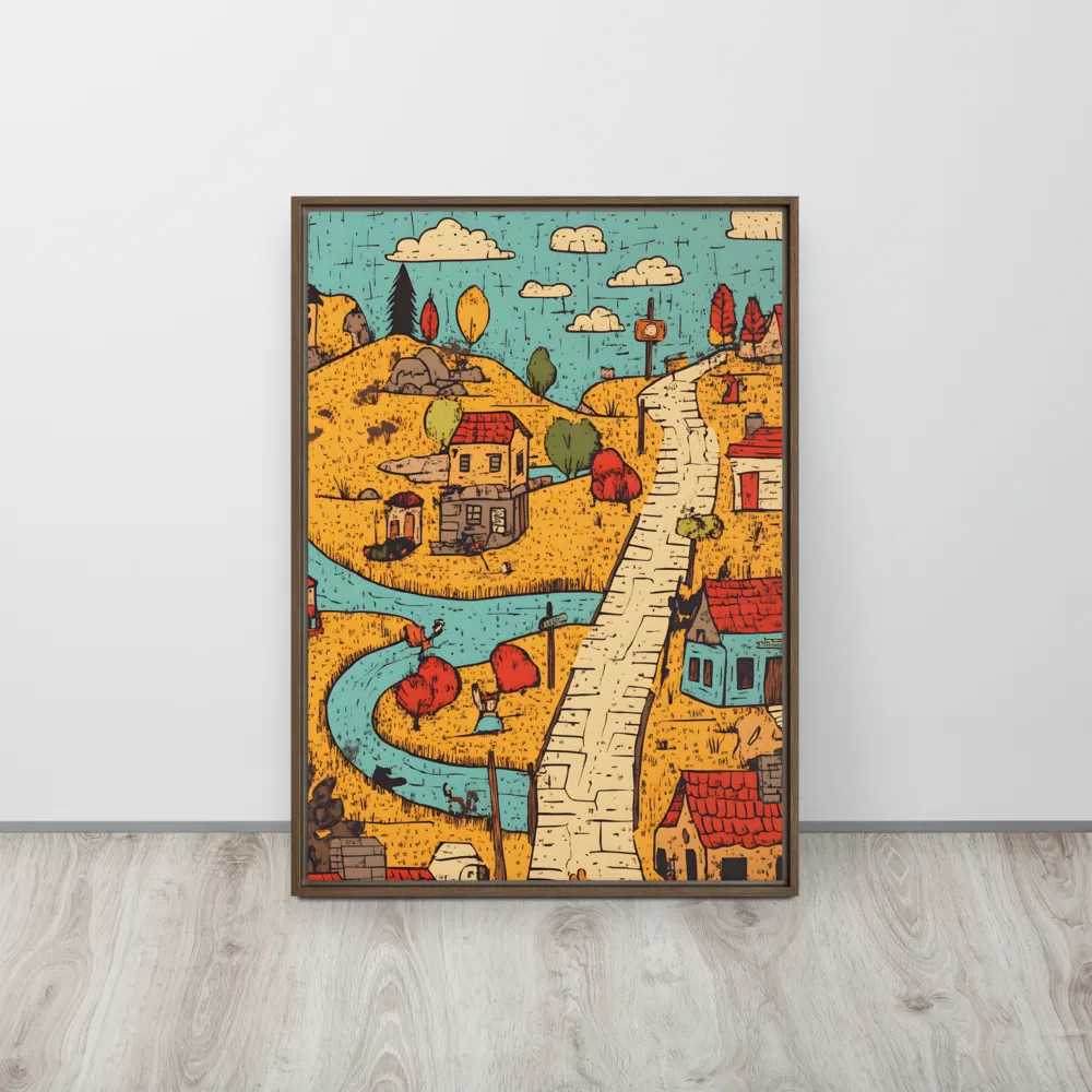 Whimsical Village Landscape | Canvas with Brown Frame | 20″×28″