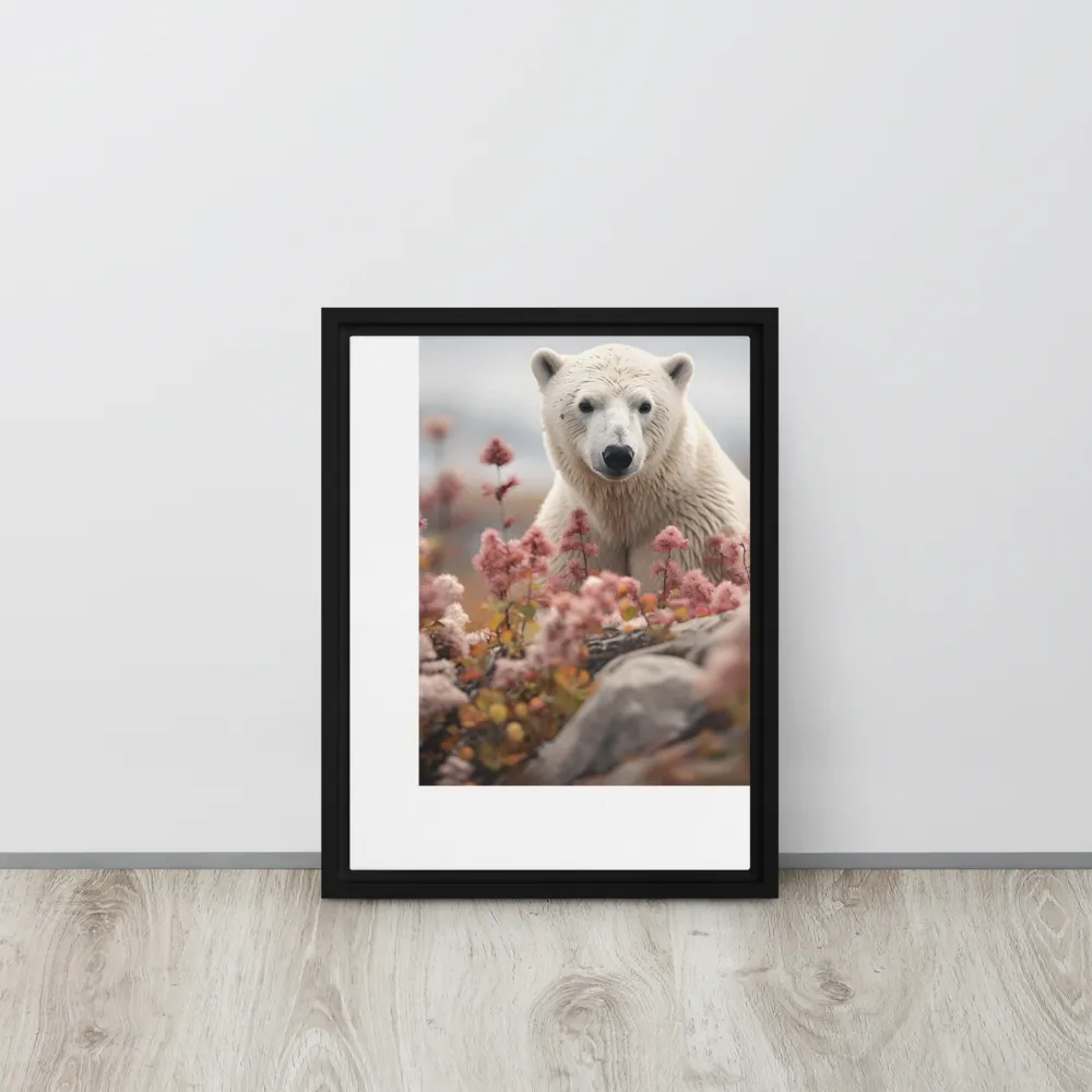 Curiosity Among Blooms: The Polar Bear | Canvas with Black Frame | 12″×16″