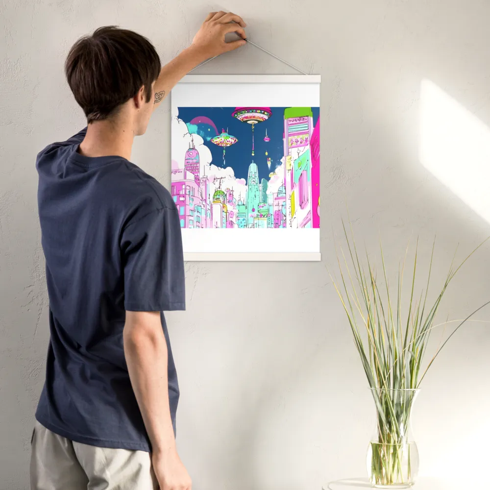 Futuristic Cityscape with Floating Structures | Poster With White Wood Hanger | 16″×20″