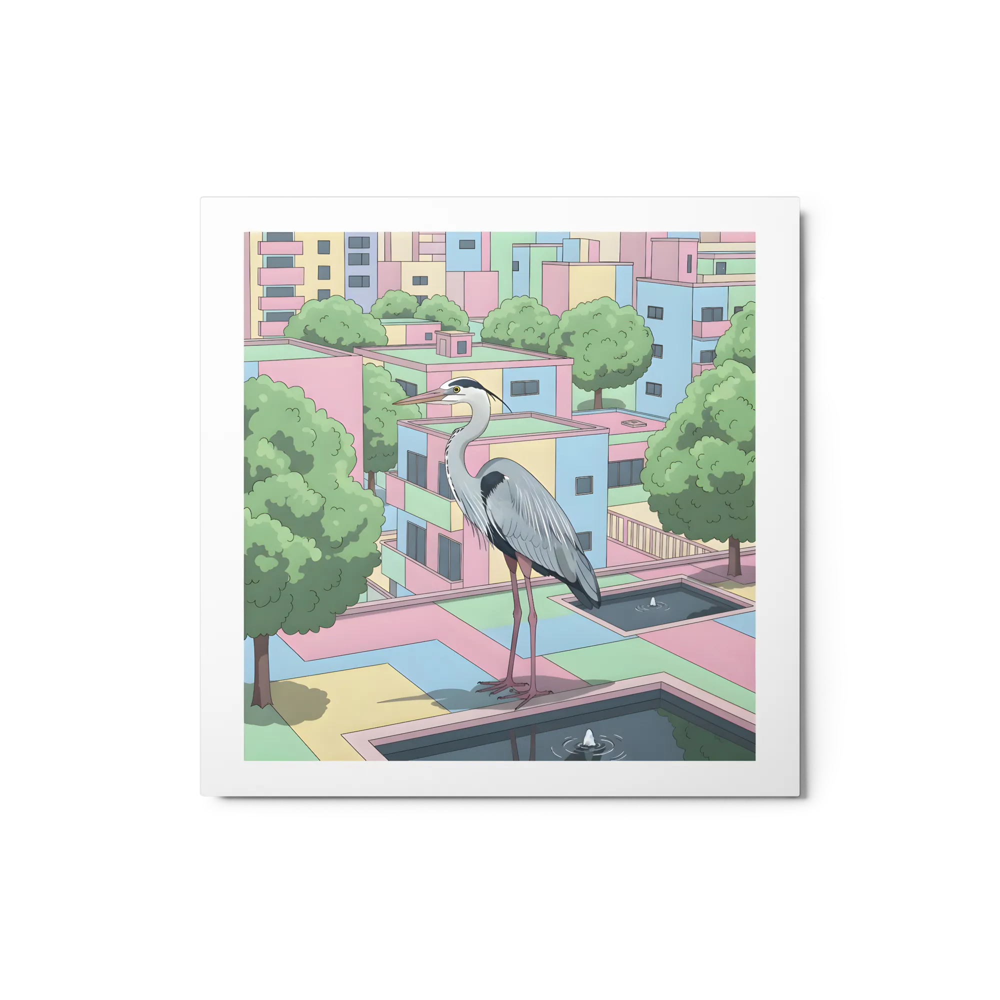 Pastel City Heron 
 Metal Print | 12″x 12″