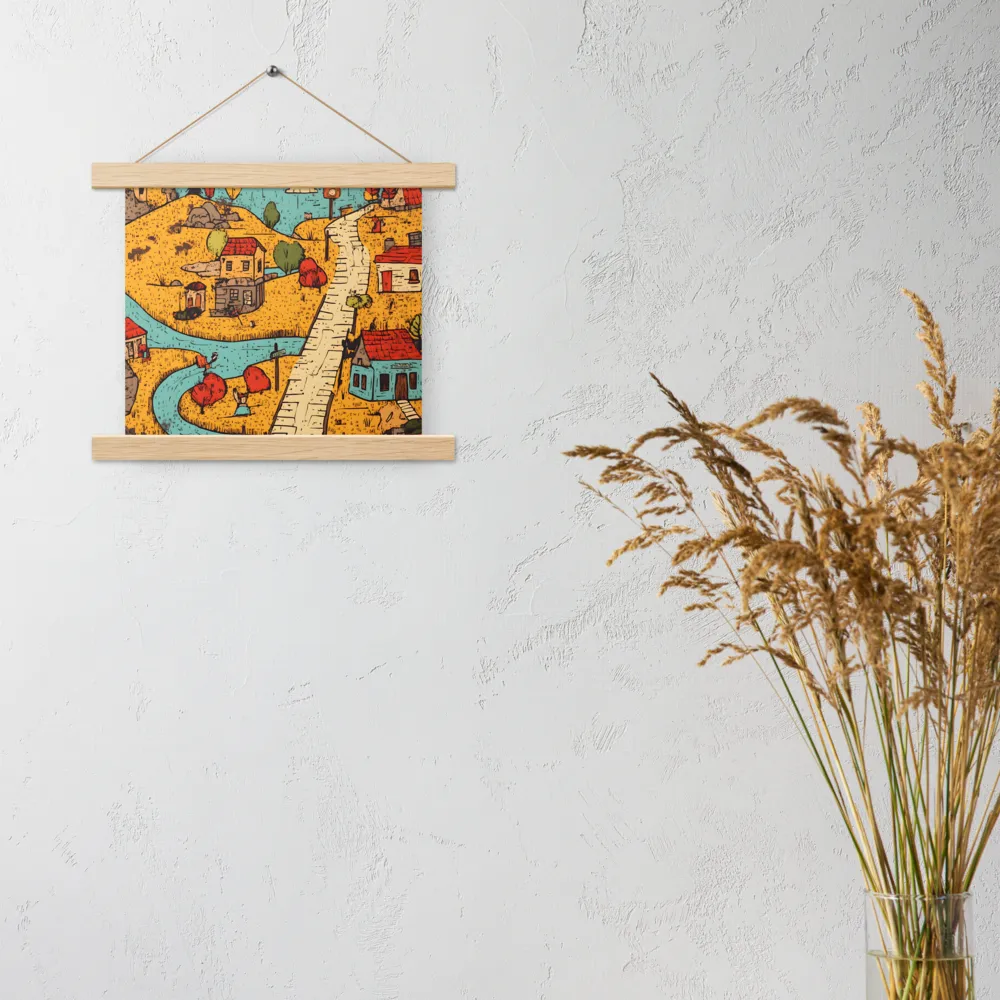 Whimsical Village Landscape | Poster With Oak Wood Hanger | 10″×10″