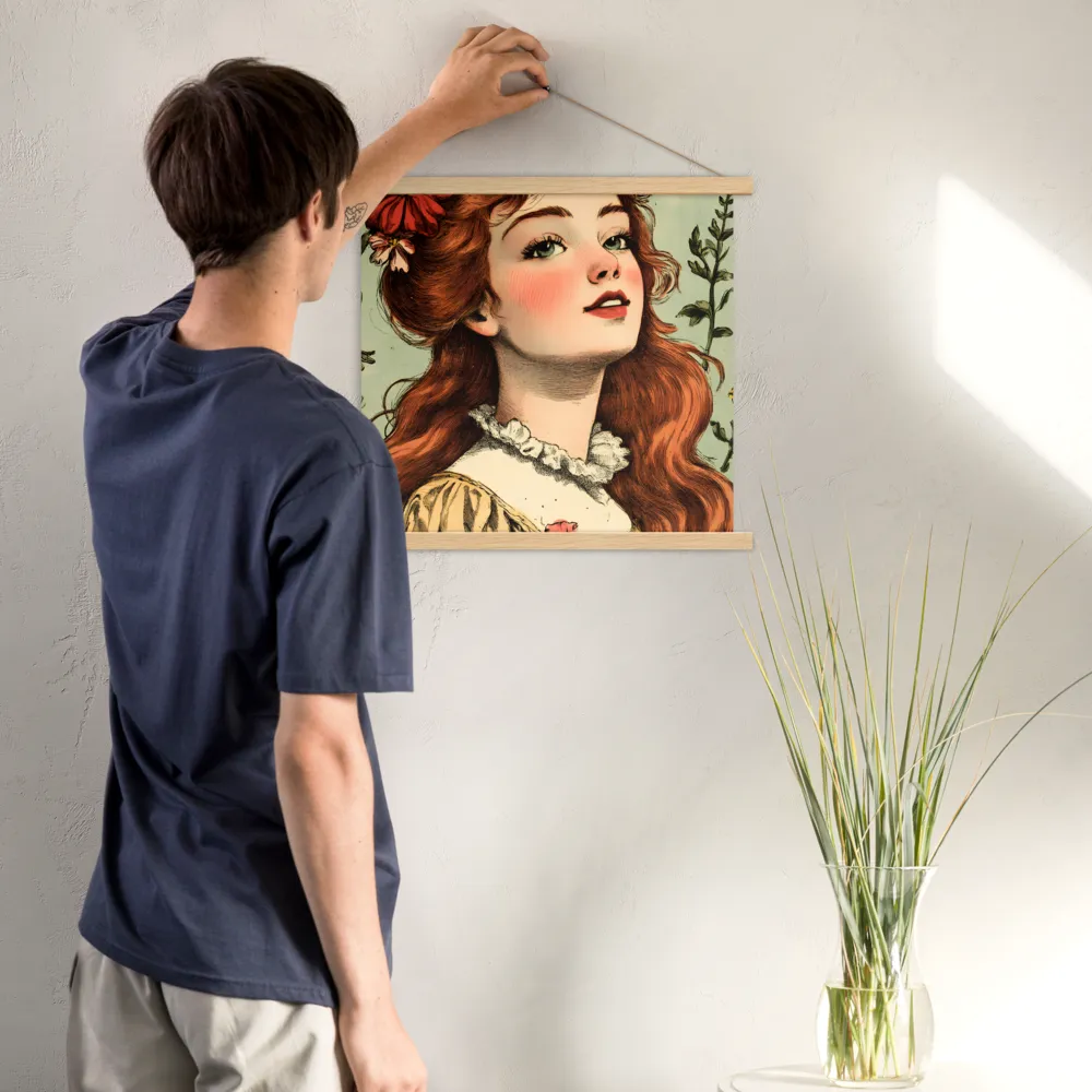 Whimsical Portrait of a Flower-Adorned Girl | Poster With Oak Wood Hanger | 18″×18″