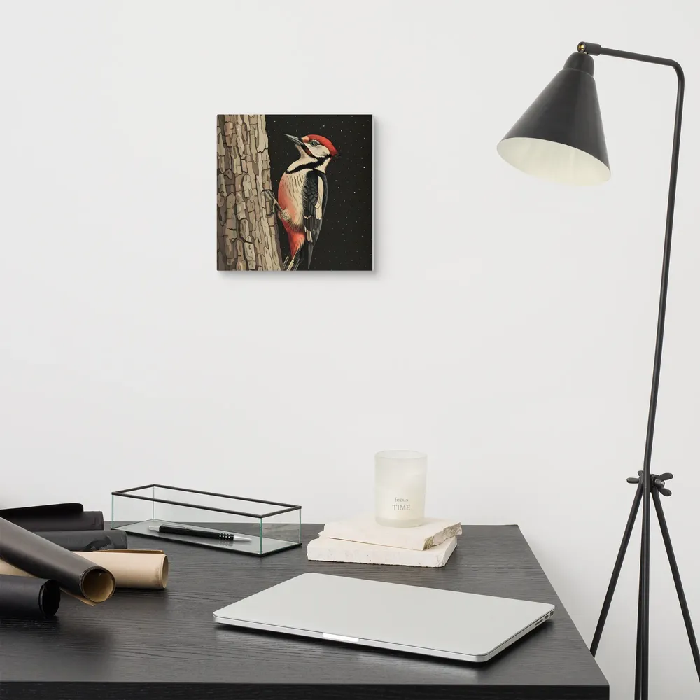 Woodpecker on Bark 
 Canvas | 10″x 10″