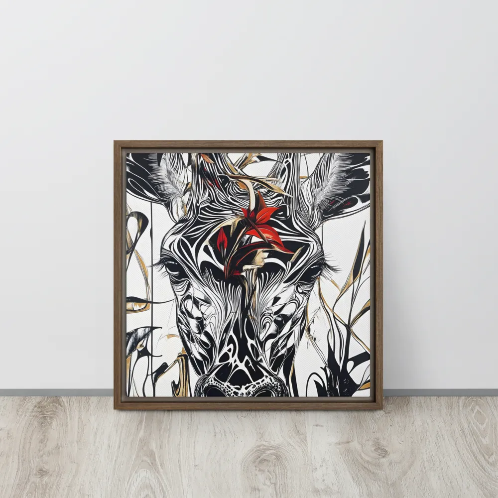 Floral Elegance: The Giraffe's Portrait | Canvas with Brown Frame | 16″×16″