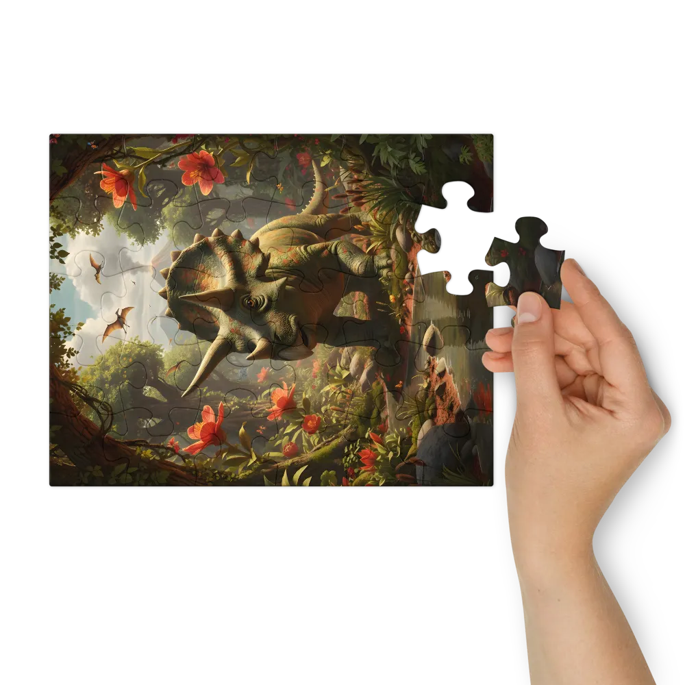 Triceratops in the Flowered Forest 
 Jigsaw Puzzle in Tin Box