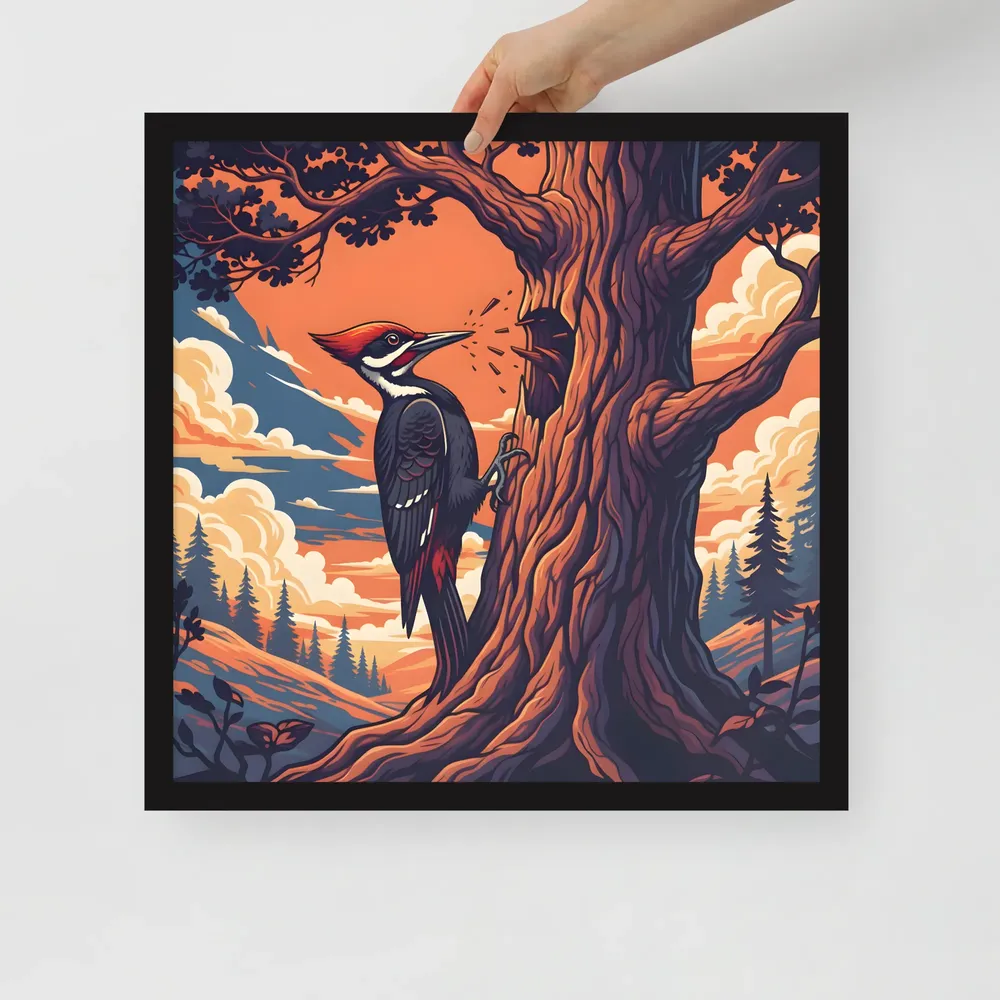 Woodpecker at Sunset 
 Poster with Black Frame | 18″x 18″