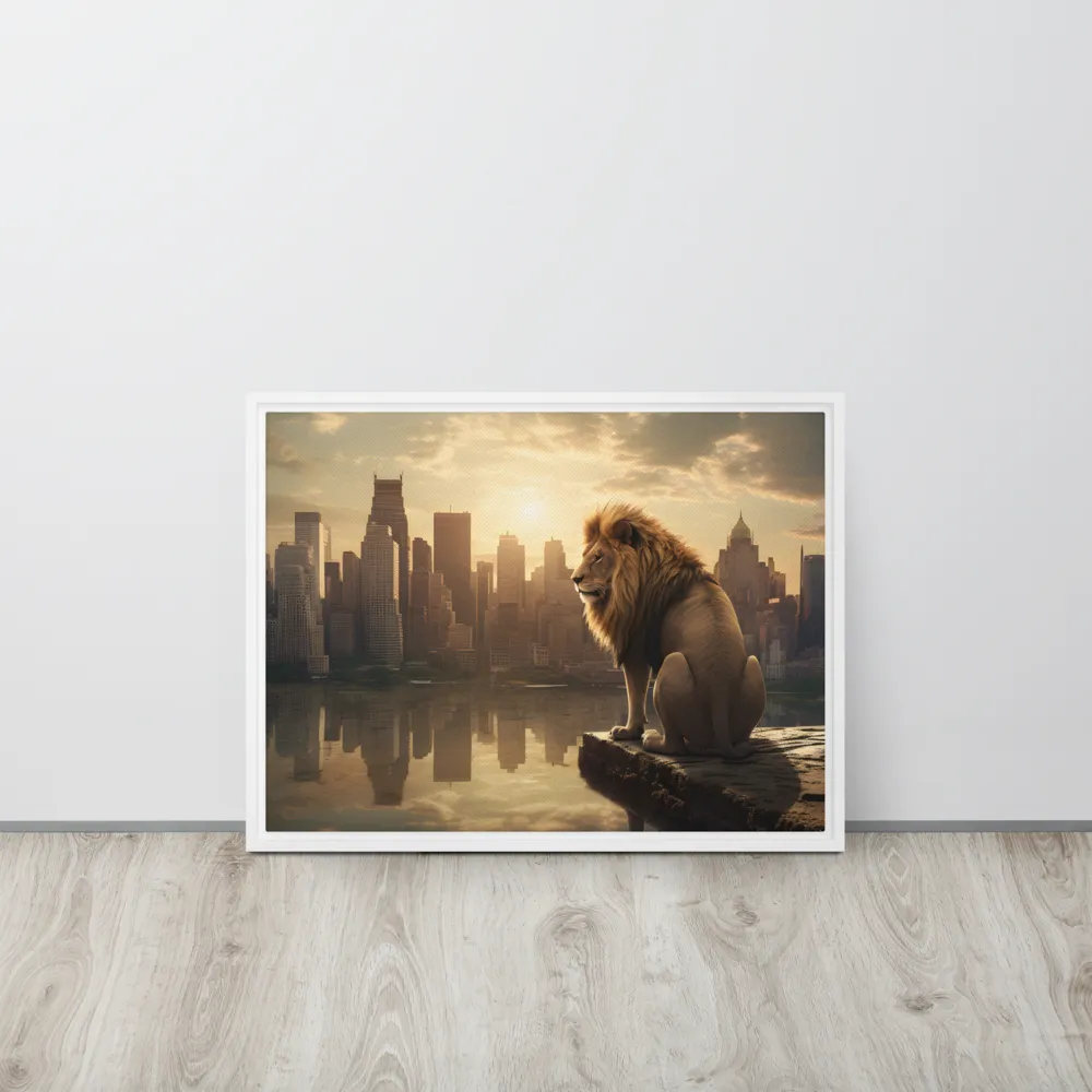 The Lion's Gaze Over the Urban Symphony | Canvas with White Frame | 18″×24″