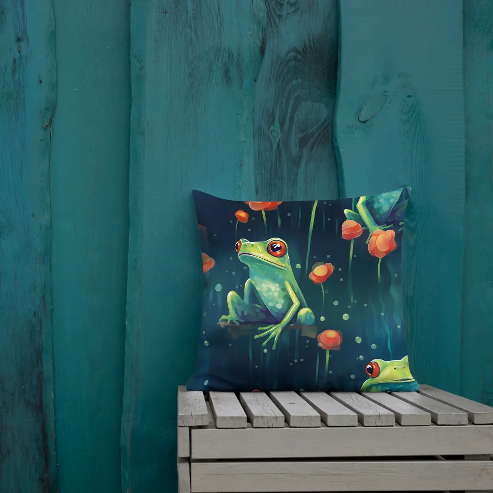 Playful Frogs in a Lush Pond | Pillow | 18″×18″