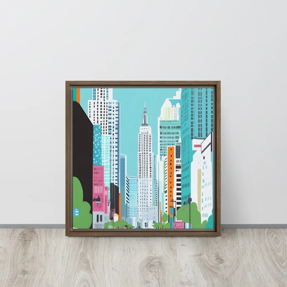 Urban Symphony: A Modern Cityscape | Canvas with Brown Frame | 16″×16″