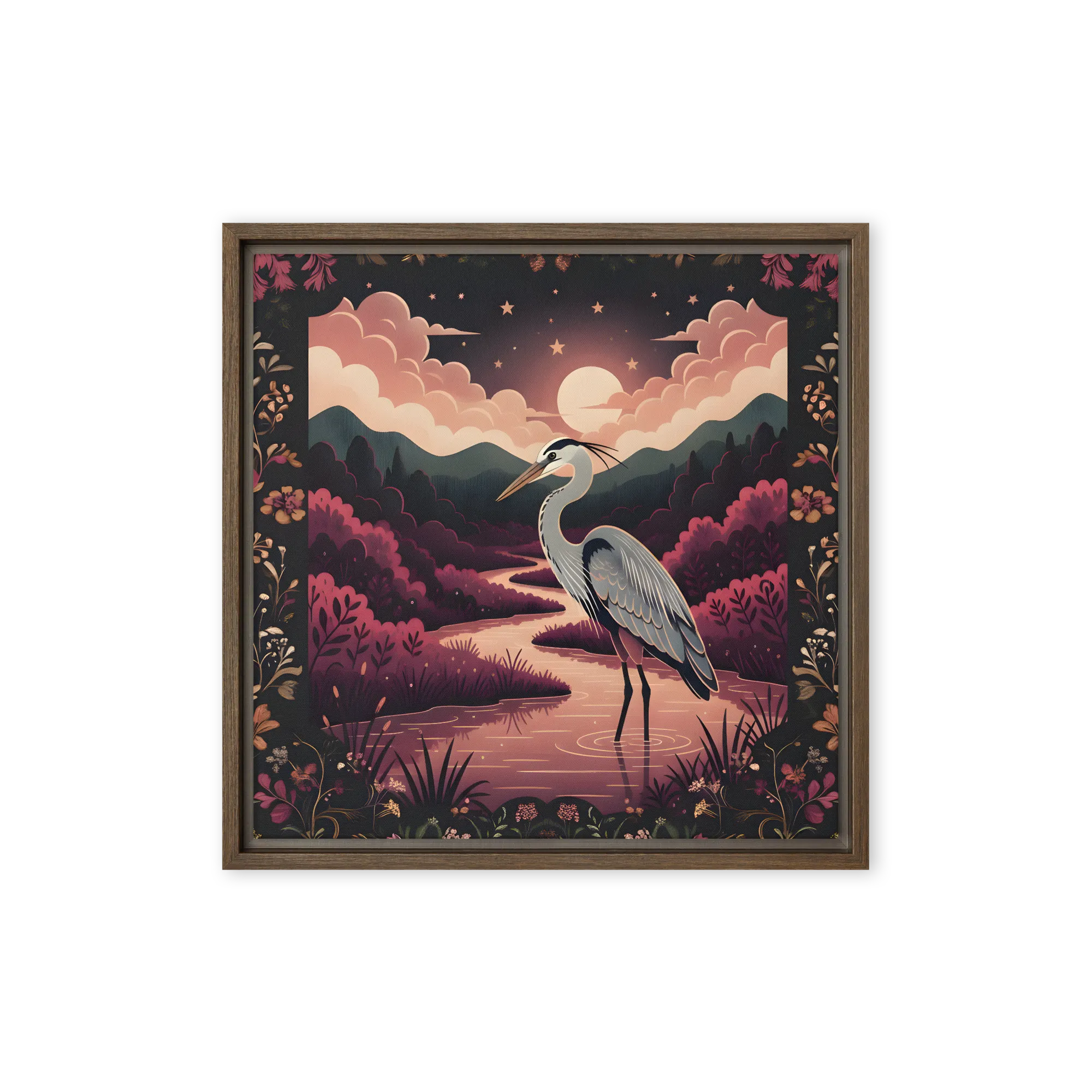 Moonlit Heron 
 Canvas with Brown Frame