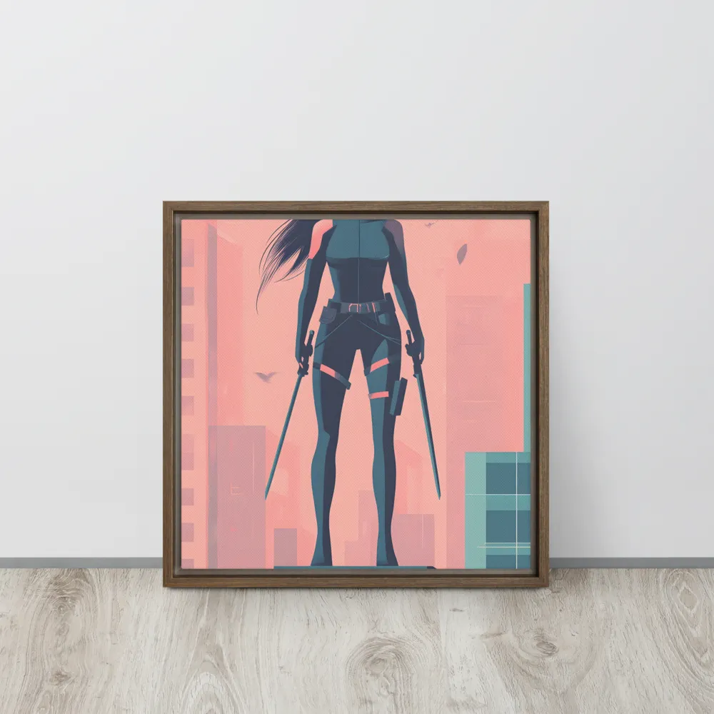 Urban Sentinel: A Warrior's Stand | Canvas with Brown Frame | 16″×16″