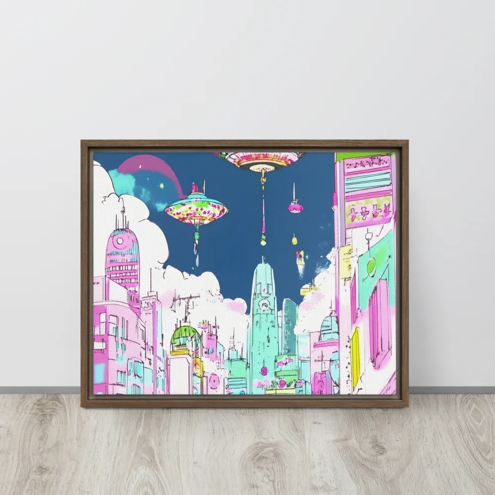 Futuristic Cityscape with Floating Structures | Canvas with Brown Frame | 16″×20″