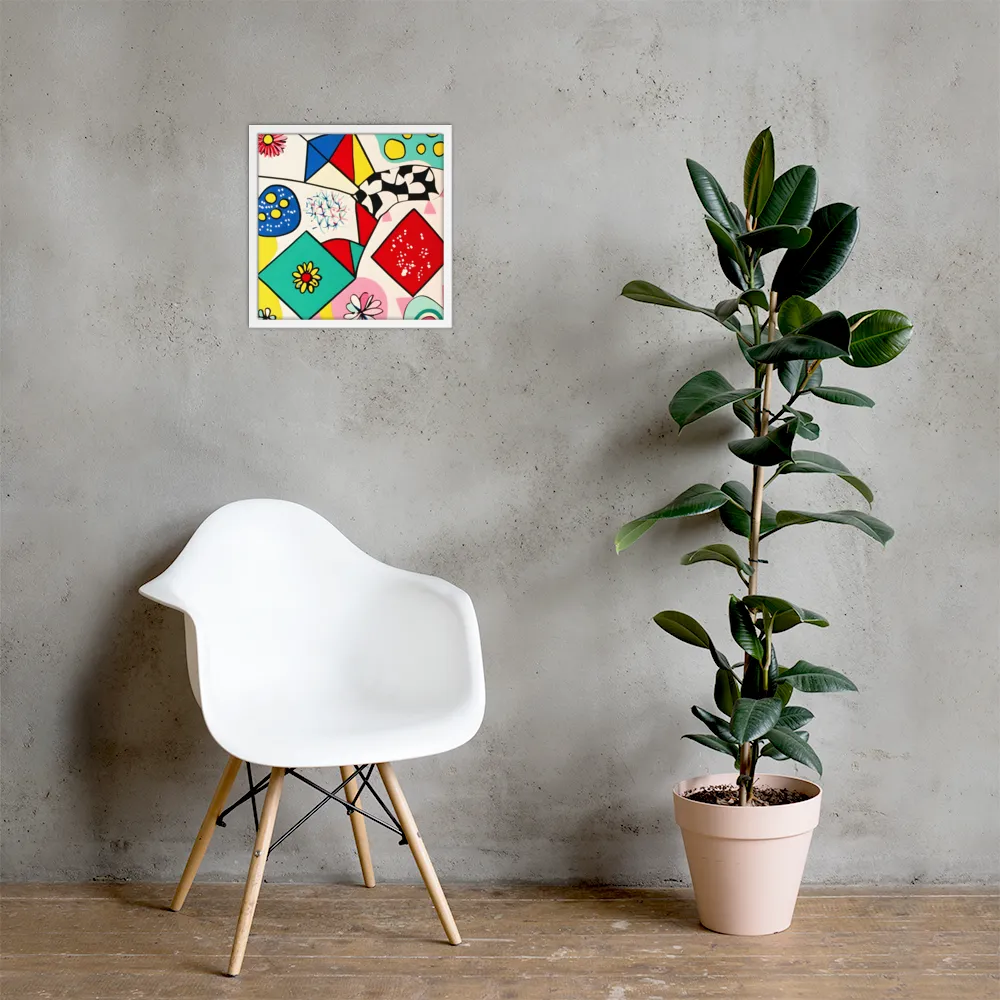 Joyful Geometry: A Playful Dance of Shapes and Colors | Poster with White Frame | 16″×16″