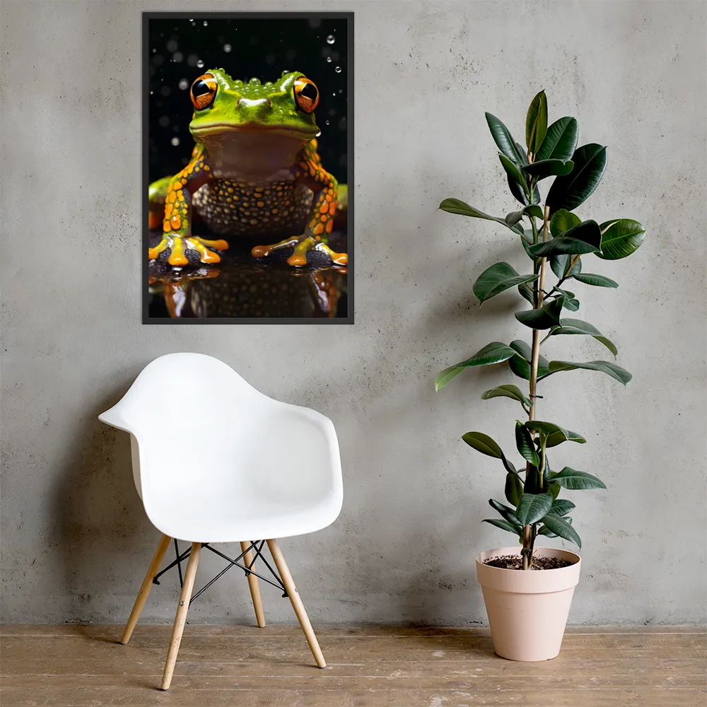 Emerald Elegance: The Frog in Focus | Poster with Black Frame | 24″×36″