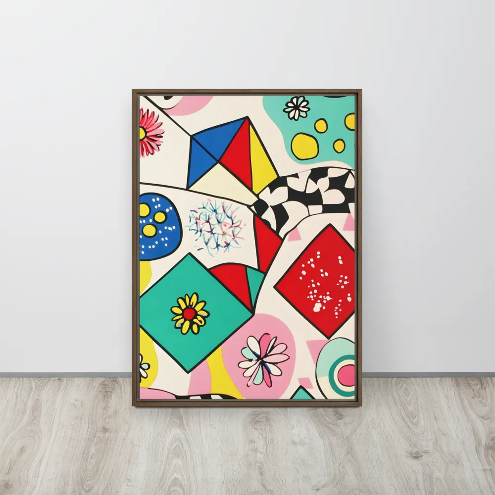 Joyful Geometry: A Playful Dance of Shapes and Colors | Canvas with Brown Frame | 20″×28″