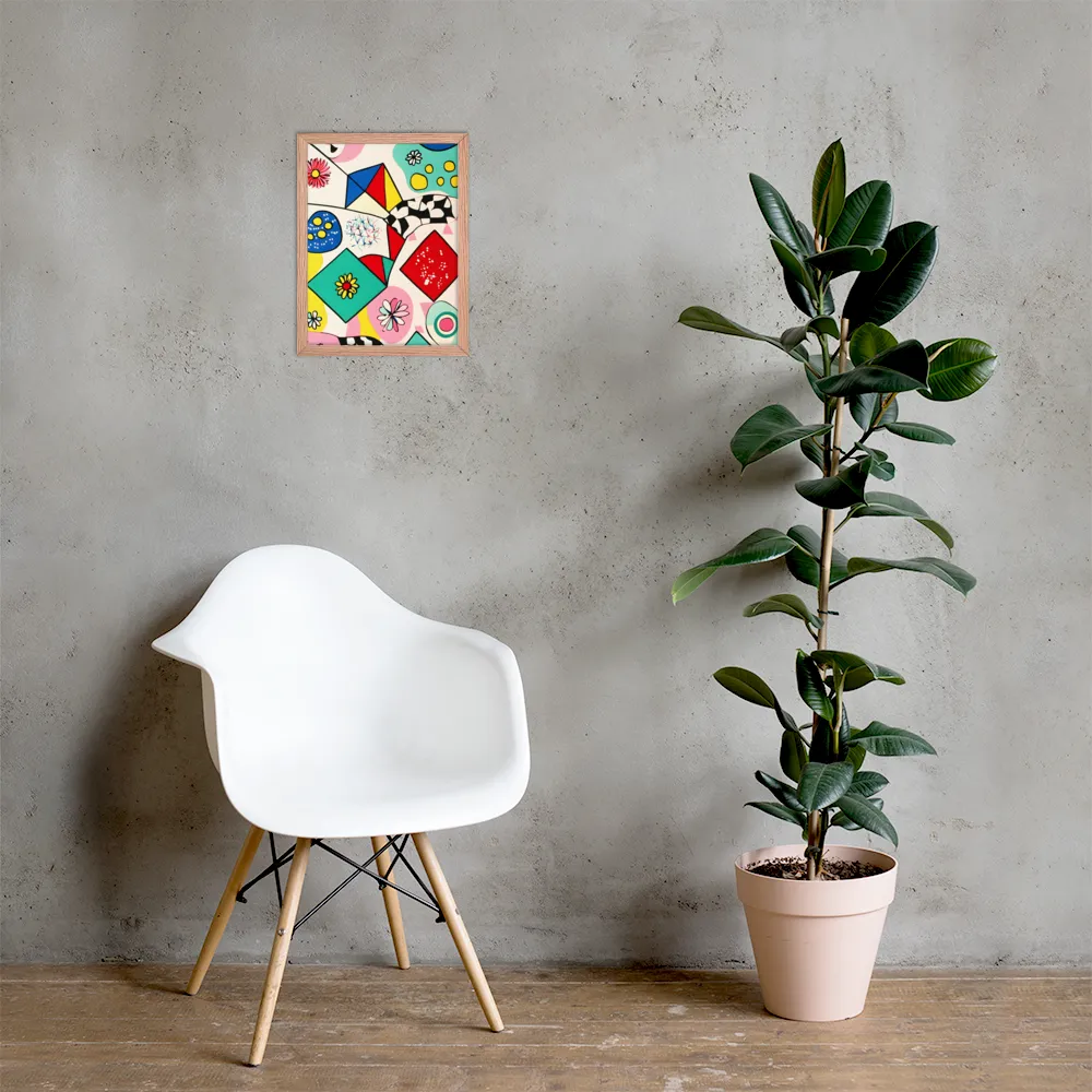 Joyful Geometry: A Playful Dance of Shapes and Colors | Poster with Red oak Frame | 12″×16″