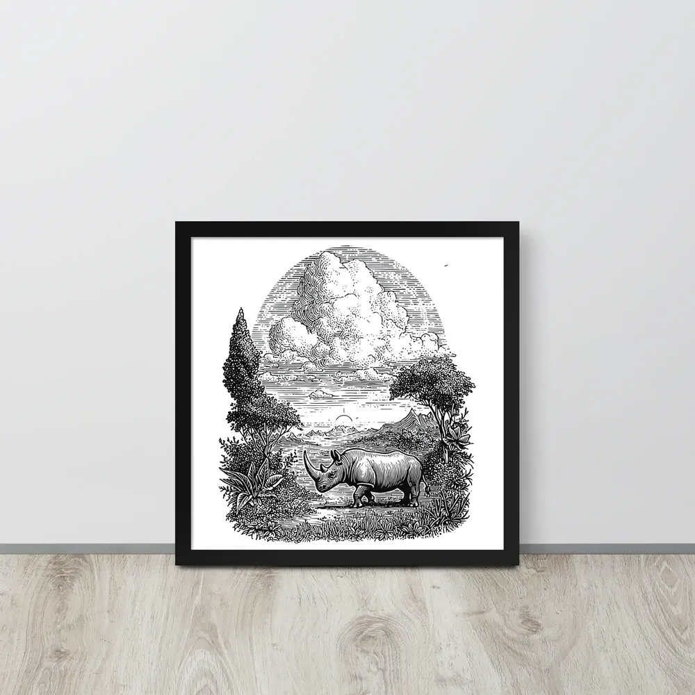 Rhinoceros Engraving 
 Poster with Black Frame | 16″x 16″