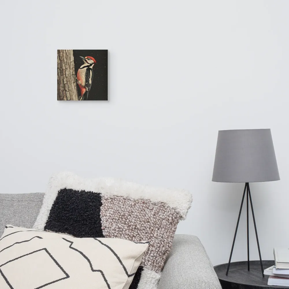 Woodpecker on Bark 
 Canvas | 10″x 10″