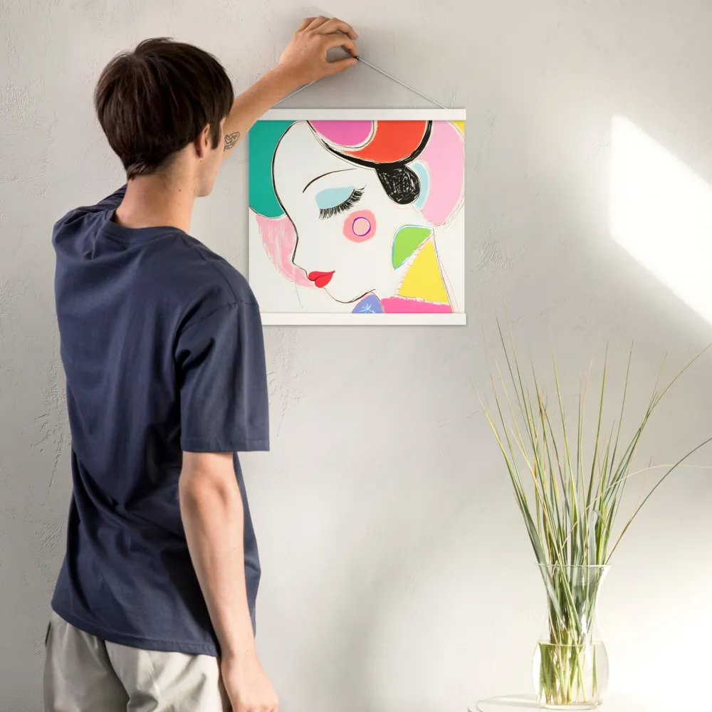 Whimsical Portrait in Colorful Abstraction | Poster With White Wood Hanger | 16″×16″