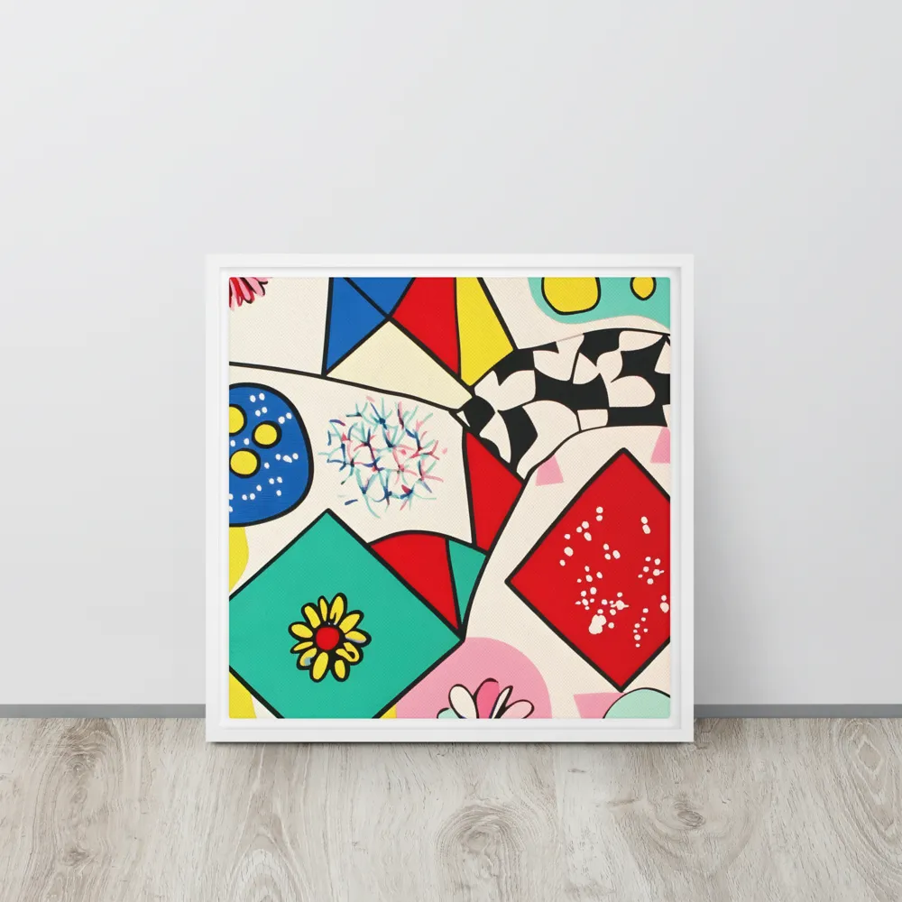 Joyful Geometry: A Playful Dance of Shapes and Colors | Canvas with White Frame | 16″×16″