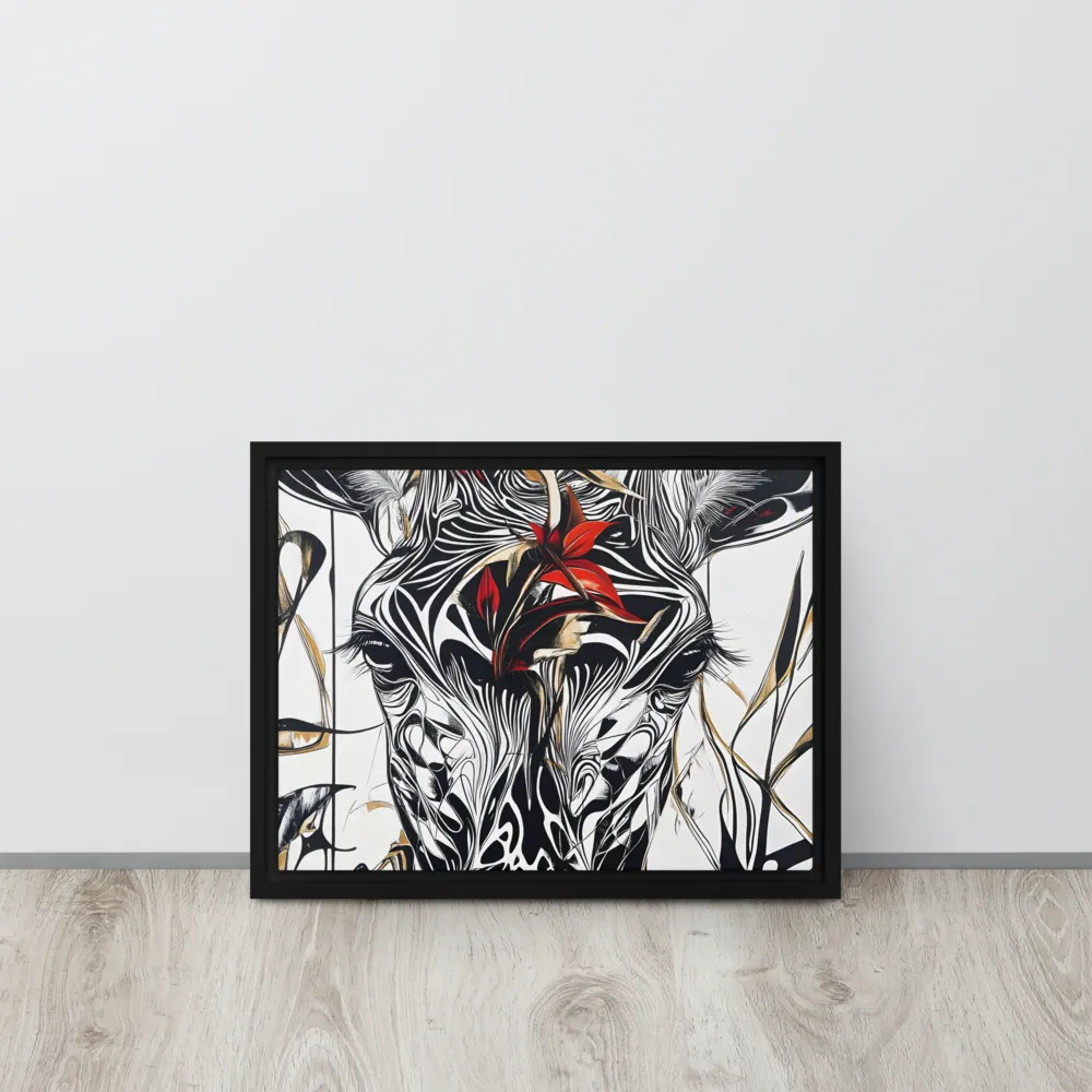 Floral Elegance: The Giraffe's Portrait | Canvas with Black Frame | 12″×16″