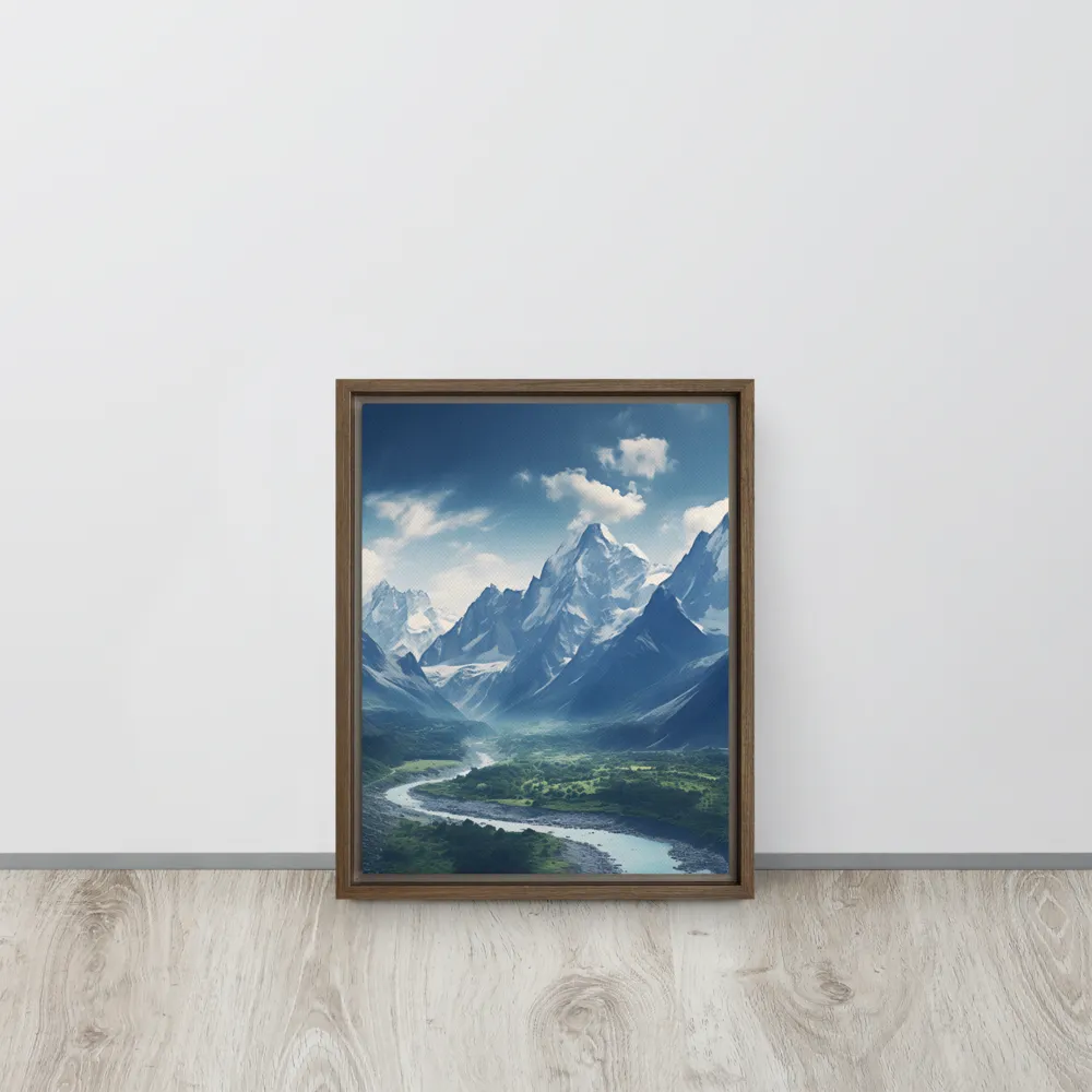 Majestic Serenity: A Landscape of Mountains and Rivers | Canvas with Brown Frame | 11″×14″