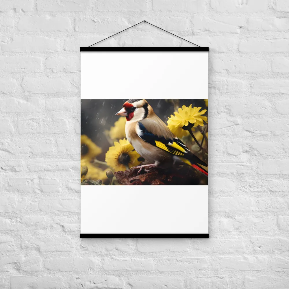 Harmony in Nature: A Goldfinch Amidst Blooms | Poster With Black Wood Hanger | 24″×36″