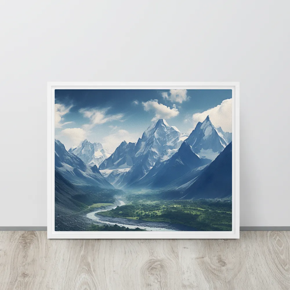 Majestic Serenity: A Landscape of Mountains and Rivers | Canvas with White Frame | 16″×20″