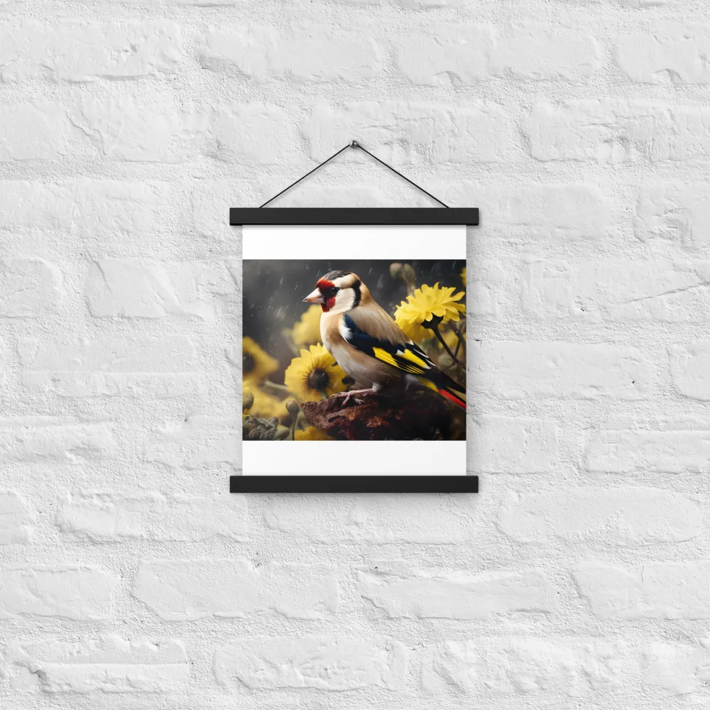 Harmony in Nature: A Goldfinch Amidst Blooms | Poster With Black Wood Hanger | 11″×14″