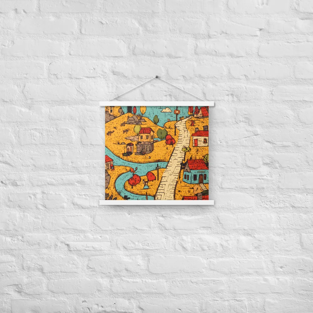 Whimsical Village Landscape | Poster With White Wood Hanger | 18″×18″