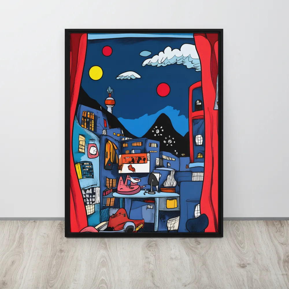 Whimsical Cityscape at Night | Canvas with Black Frame | 24″×32″