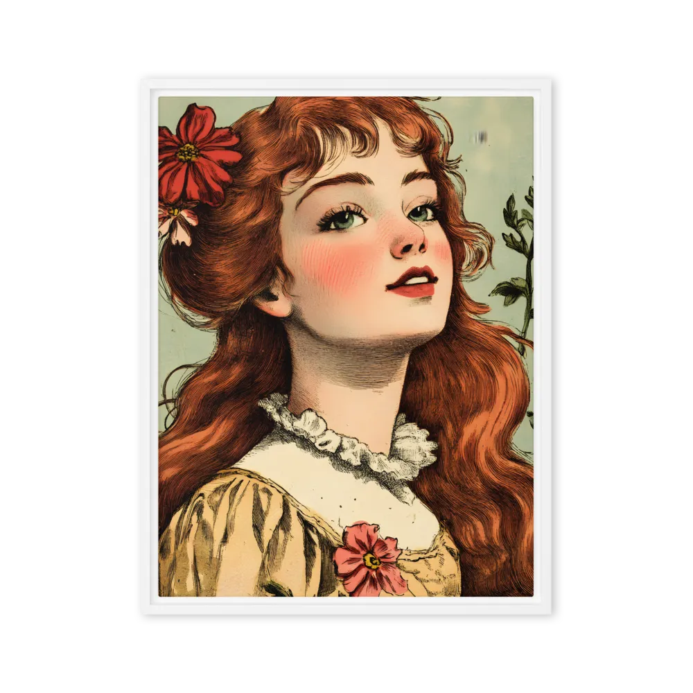 Whimsical Portrait of a Flower-Adorned Girl | Canvas with White Frame | 24″×32″