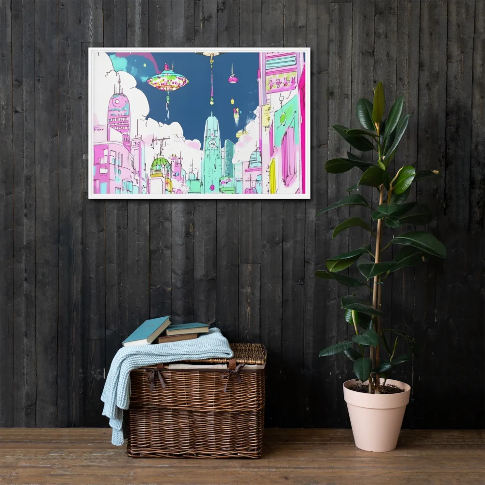 Futuristic Cityscape with Floating Structures | Canvas with White Frame | 24″×36″