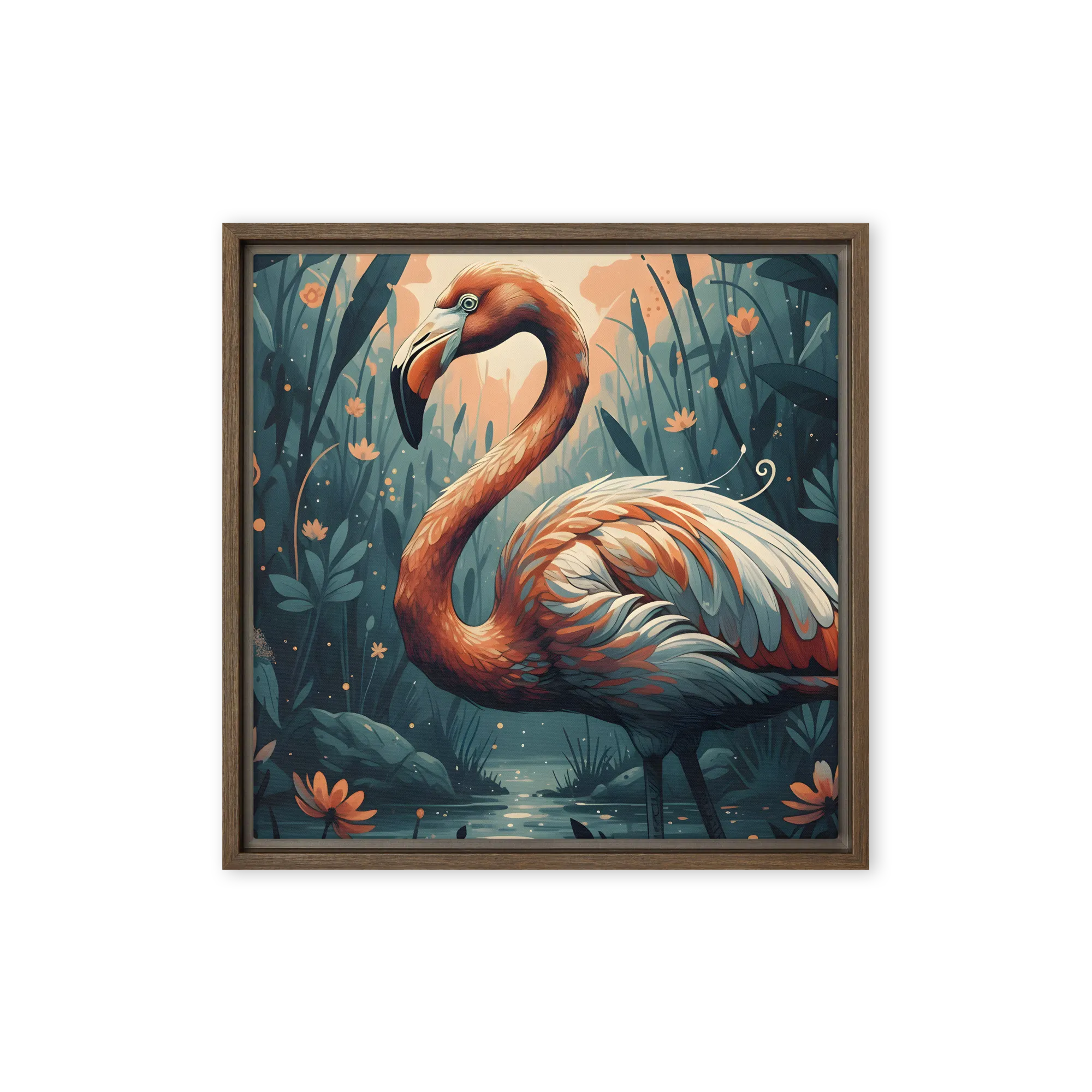Twilight Flamingo 
 Canvas with Brown Frame